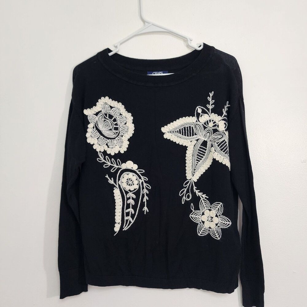 Chaps Woman's Sweater Sz. S Black Cotton blend Knit Pullover Floral Embroidered